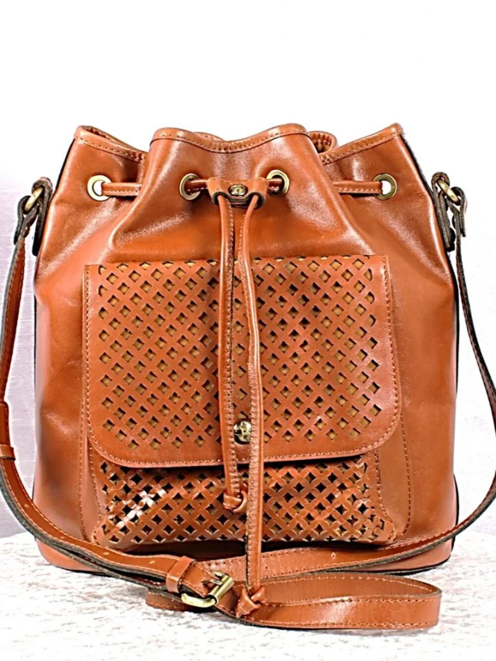 Patricia Nash Cognac Leather Bucket Crossbody Bag, Coin Purse + Duster
